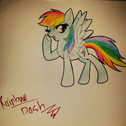 Size: 1920x1920 | Tagged: safe, artist:juliet-gwolf18, derpibooru import, rainbow dash, pegasus, pony, eyelashes, female, mare, one eye closed, open mouth, signature, smiling, solo, traditional art, underhoof, wings, wink