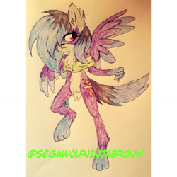 Size: 1459x1459 | Tagged: safe, artist:juliet-gwolf18, derpibooru import, oc, oc only, oc:zudo, anthro, digitigrade anthro, wolf, wolf pony, clothes, ear fluff, ears, eyelashes, featureless crotch, solo, traditional art, wings