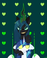 Size: 1634x2035 | Tagged: safe, artist:n in a, derpibooru import, queen chrysalis, shining armor, changeling, changeling queen, pony, unicorn, blank eyes, duo, ears, female, floppy ears, glowing horn, grin, horn, male, mind control, sharp teeth, smiling, stallion, teeth