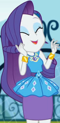 Size: 1002x2045 | Tagged: safe, derpibooru import, screencap, rarity, better together, equestria girls, sock it to me, sock it to me: rarity, canterlot high, clothes, cropped, cute, diamond, dress, eyes closed, female, geode of shielding, gold, jewelry, laughing, legs, magical geodes, makeup, necklace, outdoors, pencil skirt, raribetes, rarity peplum dress, sleeveless, smiling, soccer field, waistband, wrist cuffs