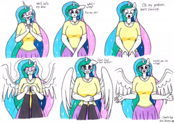 Size: 1920x1365 | Tagged: safe, artist:killerteddybear94, derpibooru import, princess celestia, alicorn, anthro, breasts, cute, cutelestia, dialogue, ears, floppy ears, jewelry, momlestia, necklace, offscreen character, open arms, open mouth, pov, princess breastia, smiling, spread wings, talking to viewer, traditional art, wholesome, wings