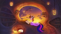 Size: 2560x1440 | Tagged: safe, artist:anticular, derpibooru import, spike, twilight sparkle, twilight sparkle (alicorn), alicorn, dragon, pony, book, duo, female, golden oaks library, lying down, male, mare, prone, reading, solo focus, sunset, wip