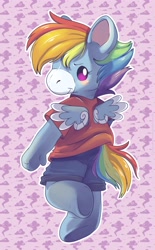 Size: 2539x4096 | Tagged: safe, artist:cutepencilcase, derpibooru import, rainbow dash, pegasus, pony, semi-anthro, g1, bipedal, clothes, doll, female, high res, looking at you, looking back, looking back at you, outline, plushie, shirt, shorts, smiling, solo, t-shirt, takara pony, toy, white outline, wings