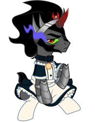 Size: 2500x3200 | Tagged: safe, artist:voronka, derpibooru import, king sombra, pony, unicorn, apron, armor, clothes, collar, commission, crossdressing, dress, hoof shoes, king sombra is not amused, maid, male, pet tag, raised hoof, raised leg, simple background, sitting, skirt, socks, solo, sombra eyes, stallion, stockings, thigh highs, unamused, white background, ych result