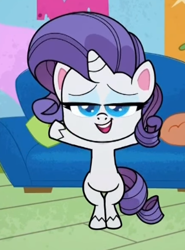 Size: 357x483 | Tagged: safe, derpibooru import, screencap, rarity, pony, unicorn, director spike's mockumentary, my little pony: pony life, spoiler:pony life s01e36, bipedal, cropped, female, lidded eyes, looking at you, open mouth, solo, t pose