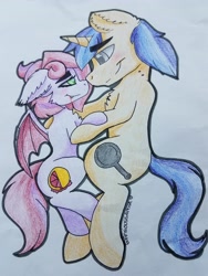 Size: 3024x4032 | Tagged: safe, artist:anxioussartist, derpibooru import, oc, oc only, oc:jade jump, oc:lunar spice, bat pony, unicorn, bat pony oc, bite mark, commission, jadespice, looking at each other, shipping, size difference, traditional art