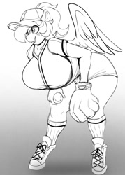 Size: 715x1000 | Tagged: safe, artist:littlebibbo, oc, oc only, oc:bibbo, anthro, pegasus, unguligrade anthro, baseball, baseball cap, baseball glove, bent over, big breasts, breasts, cap, clothes, female, freckles, gradient background, hat, holding, huge breasts, lineart, mare, monochrome, open mouth, shirt, shoes, shorts, smiling, sneakers, solo, sports