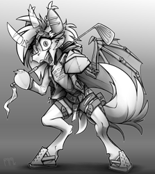 Size: 2812x3148 | Tagged: safe, artist:ralek, derpibooru import, oc, oc only, oc:altered carbon, pony, semi-anthro, bipedal, clothes, female, golf club, holster, looking at you, monochrome, solo, vulgar, weapon