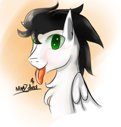 Size: 1882x1969 | Tagged: safe, artist:nanazdina, derpibooru import, oc, oc only, oc:skysprinter, pegasus, pony, :p, blushing, bust, chest fluff, cute, folded wings, male, no pupils, portrait, signature, smiling, solo, stallion, tongue out, wings