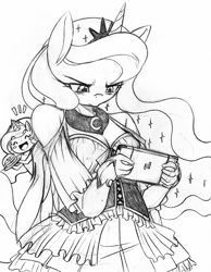 Size: 1500x1932 | Tagged: safe, artist:boastudio, derpibooru import, princess celestia, princess luna, alicorn, anthro, breasts, clothes, eyes closed, food, gloves, grayscale, jewelry, monochrome, nintendo switch, open mouth, pancakes, playing, princess balloona, regalia, solo focus