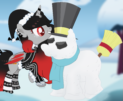 Size: 619x505 | Tagged: safe, artist:sanyyyaa_, derpibooru import, oc, oc only, oc:merry mischief, alicorn, bat pony, bat pony alicorn, alicorn oc, bat pony oc, bat wings, biting, broom, christmas, clothes, coat, commission, ear piercing, earring, female, grin, hat, holiday, horn, horn ring, jewelry, mare, mouth hold, piercing, raised hoof, raised leg, ring, rock, santa hat, scarf, smiling, snow, snowman, snowpony, socks, striped socks, top hat, tree, wings, ych result