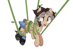 Size: 2760x1848 | Tagged: safe, artist:sanyyyaa_, derpibooru import, oc, oc only, oc:hidden gems, pegasus, pony, bondage, boots, clothes, commission, female, icey-verse, leaves, mare, offspring, open mouth, parent:daring do, parent:doctor caballeron, parents:daballeron, shoes, simple background, socks, solo, tied up, transparent background, vine, ych result