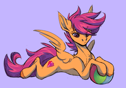 Size: 2919x2043 | Tagged: safe, artist:1an1, derpibooru import, scootaloo, pegasus, pony, ball, blue background, chest fluff, colored hooves, female, filly, high res, lying down, prone, simple background, solo, spread wings, wings