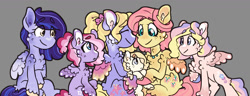 Size: 1280x490 | Tagged: safe, artist:romania-lanslide, derpibooru import, fluttershy, lily blossom, oc, oc:columbine, oc:mayflower soaring blossom, oc:orchid skygazer blossom, oc:violet stargazer blossom, pegasus, pony, adopted offspring, colt, family, female, filly, fluffy, flutterblossom, lesbian, magical lesbian spawn, male, mare, offspring, parent:fluttershy, parent:lily blossom, parents:flutterblossom, shipping