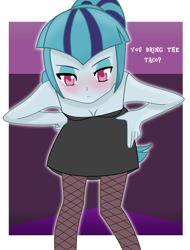 Size: 1523x2000 | Tagged: source needed, safe, artist:grapefruitface1, derpibooru import, sonata dusk, equestria girls, abstract background, anime style, base used, black dress, blushing, cleavage, clothes, dialogue, dress, fishnet stockings, leaning, looking at you, sleeveless, solo