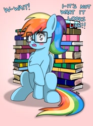 Size: 1714x2327 | Tagged: safe, artist:banquo0, derpibooru import, rainbow dash, pegasus, pony, adorkable, alternate hairstyle, blushing, book, cute, dork, egghead dash, embarrassed, glasses, ponytail, solo, text