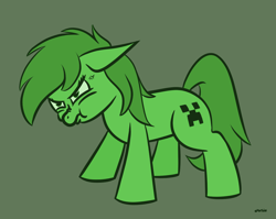 Size: 1352x1077 | Tagged: safe, derpibooru import, earth pony, pony, angry, aww man, creeper, ears, female, filly, floppy ears, green coat, green eyes, green mane, minecraft, puffy cheeks, scrunchy face, simple background, solo, standing