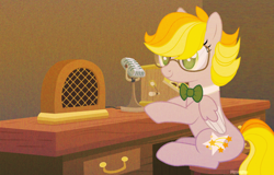 Size: 1710x1096 | Tagged: safe, artist:pigeorgien, derpibooru import, oc, oc only, oc:star trails, pegasus, pony, adorkable, base used, bowtie, cute, dork, effects, female, glasses, mare, microphone, nerd pony, radio, solo, table