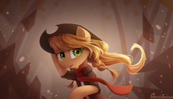 Size: 1600x915 | Tagged: safe, artist:emeraldgalaxy, derpibooru import, applejack, earth pony, pony, abstract background, braid, clothes, eye clipping through hair, eyebrows visible through hair, female, hat, looking at you, mare, scarf, shirt, solo, windswept mane