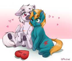 Size: 2593x2207 | Tagged: safe, artist:melpone, derpibooru import, oc, oc only, earth pony, pony, unicorn, female, heart, heart pillow, male, mare, oc x oc, pillow, shipping, stallion, straight