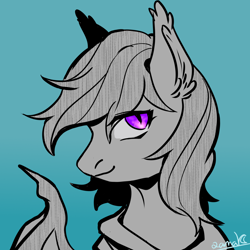 Size: 2000x2000 | Tagged: safe, artist:qamar, derpibooru import, oc, oc:nocturne star, bat pony, pony, blue background, bust, grey fur, male, portrait, purple eyes, simple background, solo, spread wings, stallion, wings