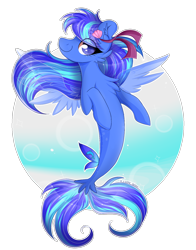 Size: 1300x1658 | Tagged: safe, artist:woonborg, derpibooru import, oc, oc only, seapony (g4), blue eyes, bubble, chest fluff, dorsal fin, ear fluff, ears, eyelashes, fin wings, fish tail, flowing hair, flowing mane, ribbon, seashell, shell, simple background, smiling, solo, tail, transparent background, underwater, water, wings