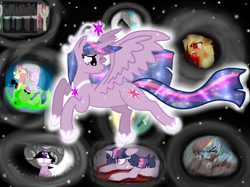 Size: 1890x1417 | Tagged: safe, artist:khough, derpibooru import, applejack, rainbow dash, twilight sparkle, alicorn, earth pony, pegasus, pony, crown, grim world, jewelry, regalia