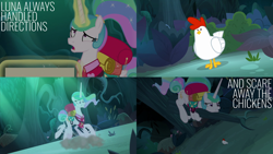 Size: 2000x1125 | Tagged: safe, derpibooru import, edit, edited screencap, editor:quoterific, screencap, princess celestia, alicorn, bird, chicken, pony, between dark and dawn, alektorophobia, glowing horn, horn, magic, magic aura, scared, solo