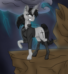 Size: 1986x2152 | Tagged: artist needed, safe, derpibooru import, oc, oc only, oc:black cross, unicorn, boots, clothes, crucifix, ear piercing, earring, jacket, jewelry, lightning, magic, necklace, one hoof raised, piercing, shoes