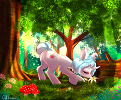 Size: 2911x2409 | Tagged: safe, artist:caliluminos, derpibooru import, oc, oc only, pony, unicorn, curved horn, eyes closed, flower, forest, horn, mushroom, outdoors, scenery, smelling, tree