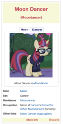 Size: 588x1162 | Tagged: safe, derpibooru import, screencap, moondancer, pony, unicorn, clothes, glasses, hair tie, horn, looking to side, looking to the right, meme, multicolored mane, multicolored tail, revolver ocelot, smiling, sweater, text, wikia, wikipedia