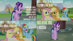 Size: 2000x1125 | Tagged: safe, derpibooru import, edit, edited screencap, editor:quoterific, screencap, applejack, fluttershy, rainbow dash, starlight glimmer, earth pony, pegasus, pony, unicorn, every little thing she does, angry, applejack's hat, bags under eyes, covering ears, cowboy hat, hat, messy mane, tired