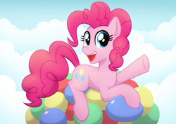 Size: 2800x1980 | Tagged: safe, artist:whitequartztheartist, derpibooru import, pinkie pie, earth pony, pony, balloon, floating, solo