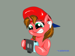 Size: 1026x768 | Tagged: safe, artist:@cameron, derpibooru exclusive, derpibooru import, oc, oc only, oc:nintendy, pony, unicorn, cute, earbuds, female, fluffy hair, fluffy mane, gaming, hat, looking at something, nintendo switch, simple background, smiling, solo, solo female