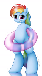 Size: 1350x2400 | Tagged: safe, alternate version, artist:livriel, derpibooru import, rainbow dash, pegasus, pony, semi-anthro, adorasexy, bipedal, braces, cute, dashabetes, female, floaty, inner tube, looking at you, mare, sexy, smiling, solo, solo female