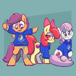 Size: 2048x2048 | Tagged: safe, artist:pfeffaroo, derpibooru import, apple bloom, scootaloo, sweetie belle, earth pony, pegasus, pony, unicorn, apple bloom's bow, bipedal, bow, clothes, cutie mark, cutie mark crusaders, female, filly, hair bow, head tilt, high res, hoodie, lidded eyes, looking at self, looking at you, open mouth, raised hoof, raised leg, sitting, smiling, spread wings, standing, the cmc's cutie marks, trio, wings