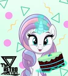 Size: 1500x1700 | Tagged: safe, artist:theretroart88, derpibooru import, potion nova, pony, unicorn, my little pony: pony life, cake, cute, female, food, glowing horn, horn, looking at you, magic, magic aura, novabetes, open mouth, solo, telekinesis