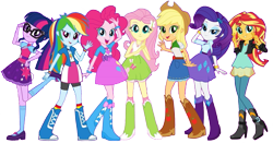 Size: 841x442 | Tagged: safe, artist:pascalmulokozi2, derpibooru import, edit, edited screencap, screencap, applejack, fluttershy, pinkie pie, rainbow dash, rarity, sci-twi, sunset shimmer, twilight sparkle, equestria girls, background removed, humane five, humane seven, humane six, not a vector, simple background, transparent background