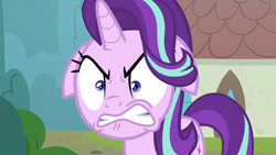 Size: 1920x1080 | Tagged: safe, derpibooru import, screencap, starlight glimmer, pony, unicorn, season 8, the parent map, spoiler:s08, angry, angry face, ears, face, female, floppy ears, gritted teeth, house, mare, rage, ragelight glimmer, shrunken pupils, sire's hollow, solo, starlight is not amused, tree, unamused, window