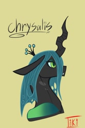 Size: 834x1257 | Tagged: safe, artist:totaltiki, derpibooru import, queen chrysalis, changeling, changeling queen, bust, crown, female, heart, jewelry, looking forward, portrait, profile, regalia, side view, signature, simple background, solo, text