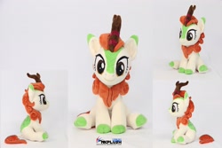 Size: 4096x2731 | Tagged: safe, artist:nekokevin, autumn blaze, kirin, awwtumn blaze, c:, cloven hooves, cute, female, irl, looking at you, photo, plushie, side view, sitting, smiling, solo
