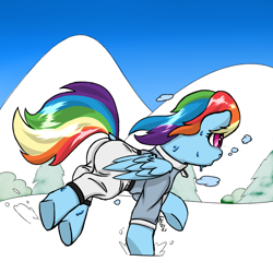 Size: 2000x2000 | Tagged: safe, artist:frecklesfanatic, rainbow dash, pegasus, pony, female, mare, running, snow, sweat, tracksuit