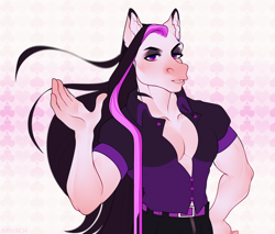 Size: 2350x2000 | Tagged: source needed, useless source url, safe, artist:bryach, derpibooru import, oc, oc only, oc:gray rain, anthro, earth pony, abstract background, anthro oc, bodybuilder, clothes, commission, ear fluff, ear piercing, earring, ears, hand on hip, high res, hooped earrings, huge mane, jewelry, jojo reference, lidded eyes, looking at you, makeup, male, multicolored hair, muscles, muscular male, pants, piercing, pose, sexy, shirt, smiling, solo, standing