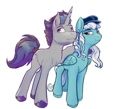 Size: 1834x1609 | Tagged: safe, artist:viwrastupr, derpibooru import, oc, oc only, oc:ice, oc:verlo streams, pegasus, pony, unicorn, 2021 community collab, derpibooru community collaboration, ear piercing, earring, female, hat, jewelry, male, mare, piercing, simple background, stallion, standing, transparent background