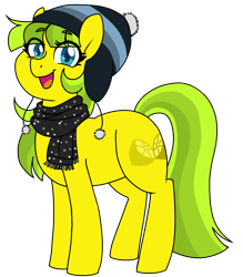 Size: 1483x1693 | Tagged: safe, artist:/d/non, derpibooru import, oc, oc only, oc:lemon drop, earth pony, pony, 2021 community collab, clothes, derpibooru community collaboration, female, hat, looking at you, scarf, simple background, solo, transparent background