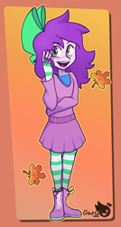 Size: 1593x2963 | Tagged: safe, artist:garu, derpibooru import, oc, oc only, oc:mable syrup, human, boots bow, clothes, deaf, dress, humanized, leaf, purple hair, socks, solo, striped socks