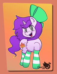 Size: 1596x2077 | Tagged: safe, artist:garu, derpibooru import, oc, oc only, oc:mable syrup, pony, unicorn, blind, bow, clothes, purple hair, socks, solo, striped socks