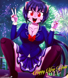 Size: 1620x1860 | Tagged: safe, artist:the-butch-x, derpibooru import, oc, oc:cassey, anthro, equestria girls, 2021, adult, breasts, cleavage, clothes, double peace sign, happy new year, holiday, new year, peace sign, skirt, solo, stockings, thigh highs