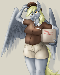 Size: 1896x2337 | Tagged: safe, artist:sixes&sevens, derpibooru import, derpy hooves, anthro, pegasus, box, breasts, chubby, clothes, derpy loaves, female, grin, hat, mailmare, mailmare uniform, mare, package, shorts, simple background, smiling, solo, solo female