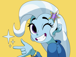 Size: 800x600 | Tagged: safe, artist:kelopsit, derpibooru import, trixie, equestria girls, blue skin, bust, clothes, female, looking at you, one eye closed, simple background, smiling, teeth, two toned hair, wink, yellow background